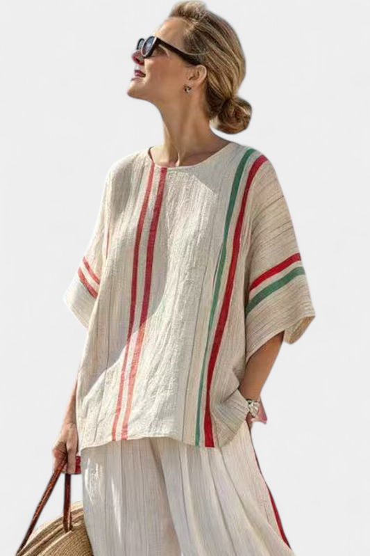 CHIARA - Completo boho a righe multicolori con pantaloni larghi