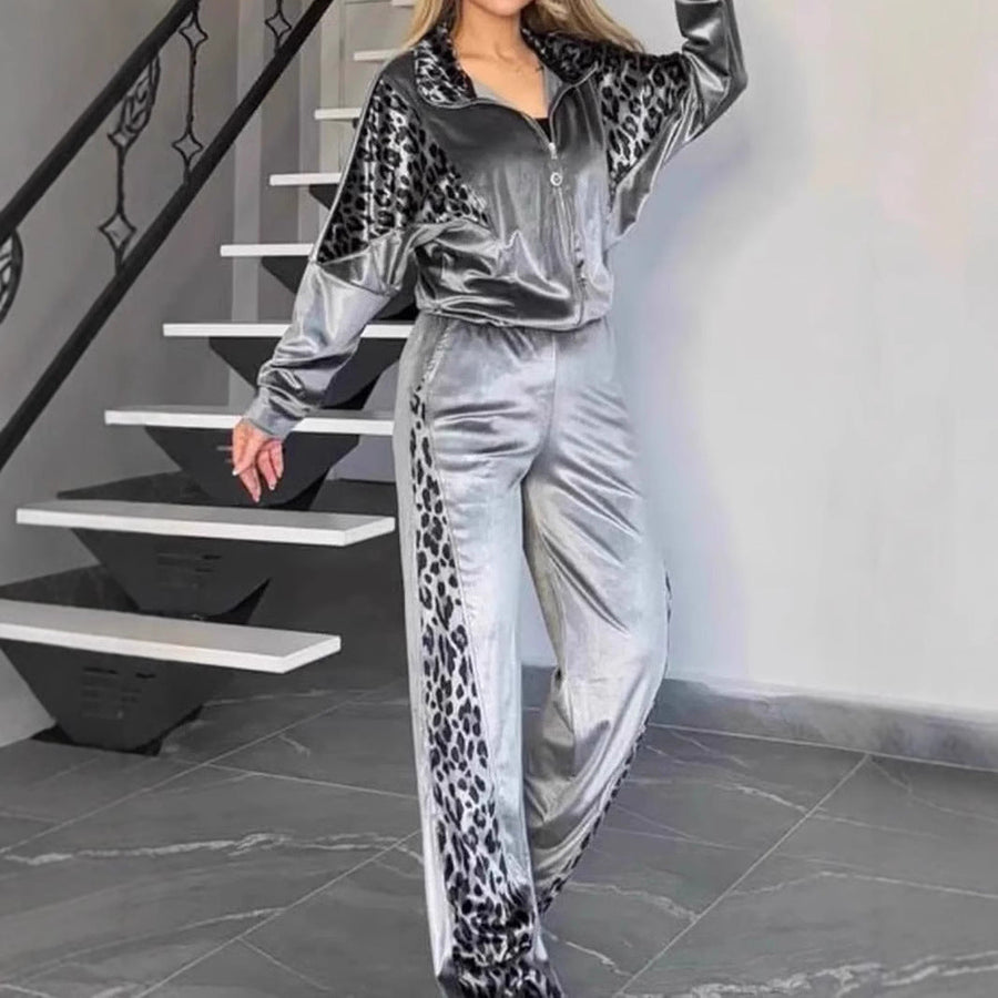 Set due pezzi con giacca e pantaloni con inserti animalier