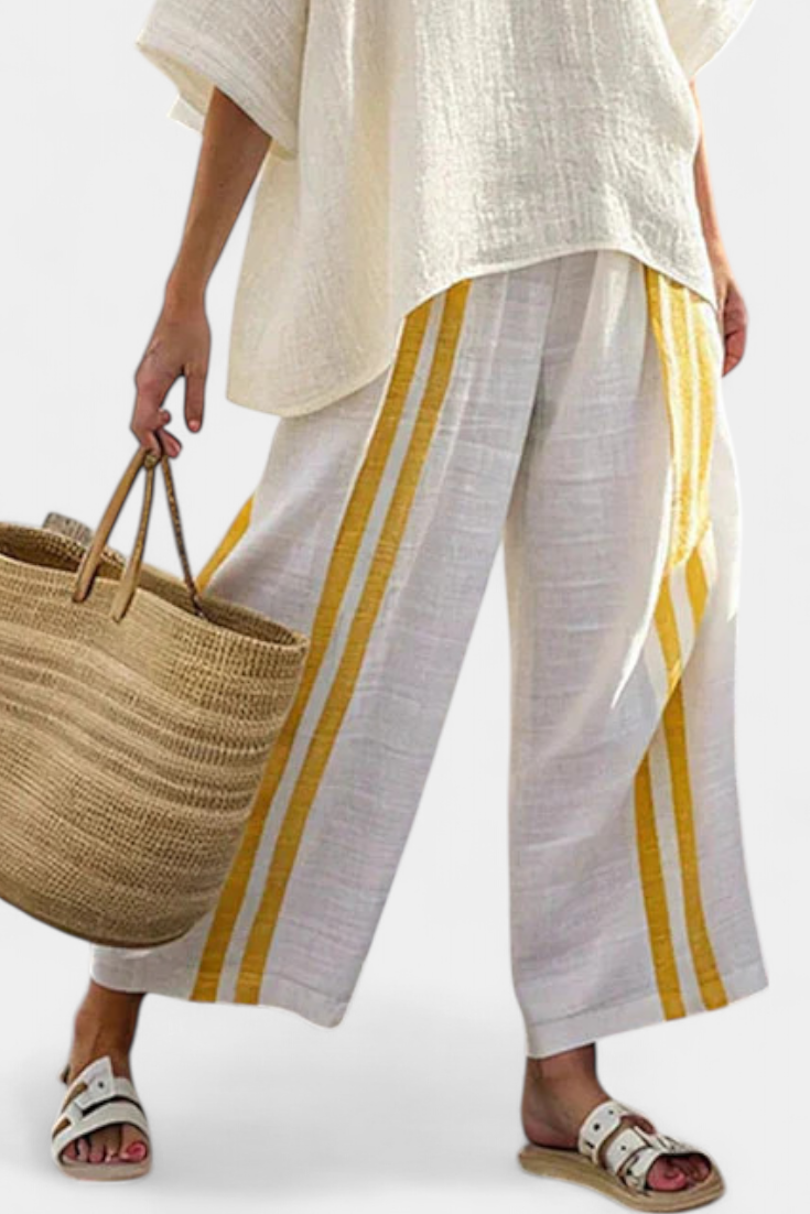 CHIARA - Completo lino a righe gialle con pantaloni ampi