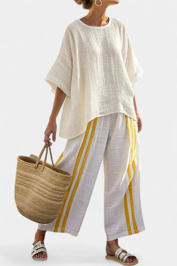 CHIARA - Completo lino a righe gialle con pantaloni ampi
