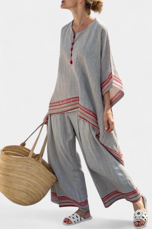 GIULIA - Set blusa asimmetrica e pantaloni larghi a righe rosse