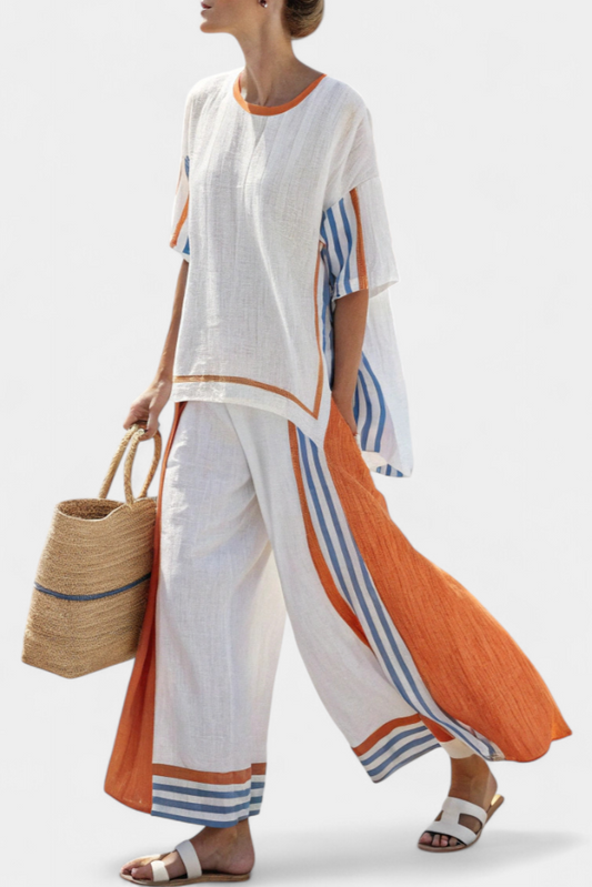 GIULIA - Completo lino a righe multicolori con pantaloni wide leg