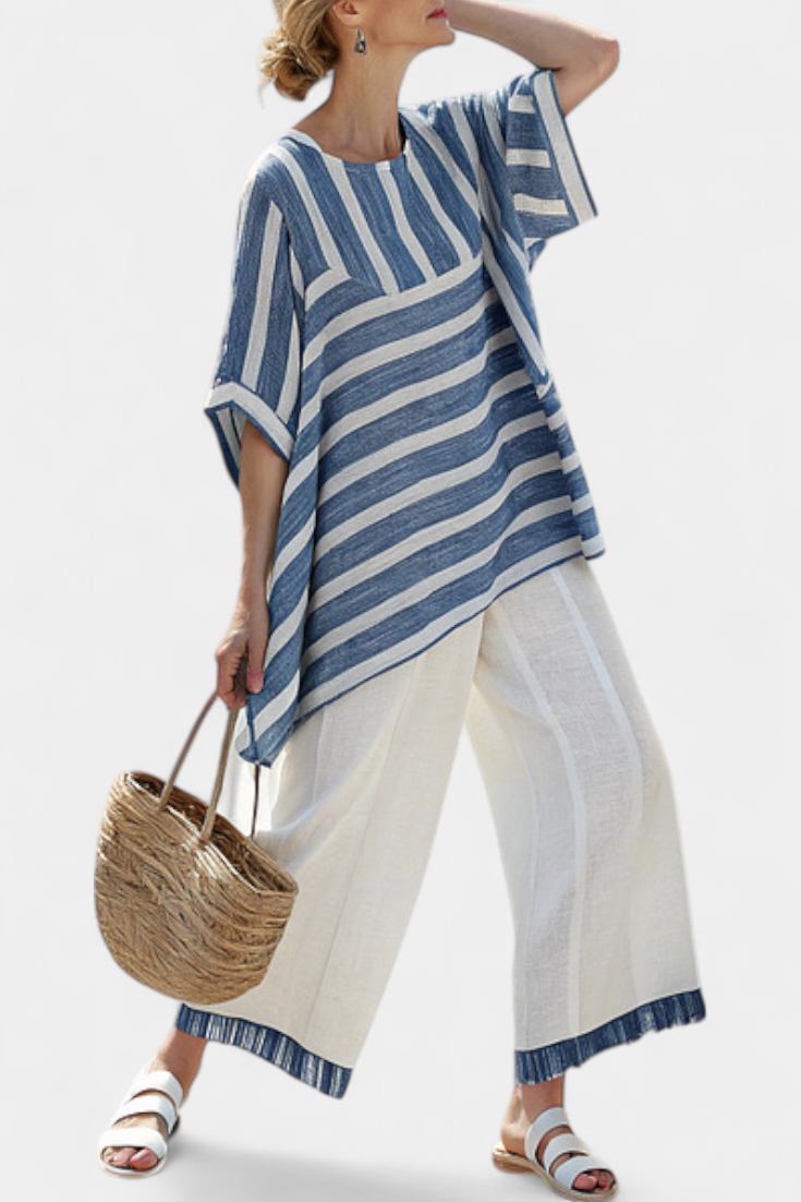 GIULIA - Completo blu a righe con top e pantaloni eleganti