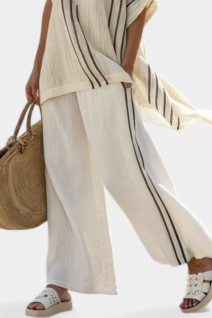 GREYSEN - Completo lino avorio con pantaloni a righe nere