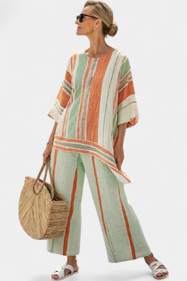 SOFIA - Completo a righe multicolori con top asimmetrico e pantaloni ampi