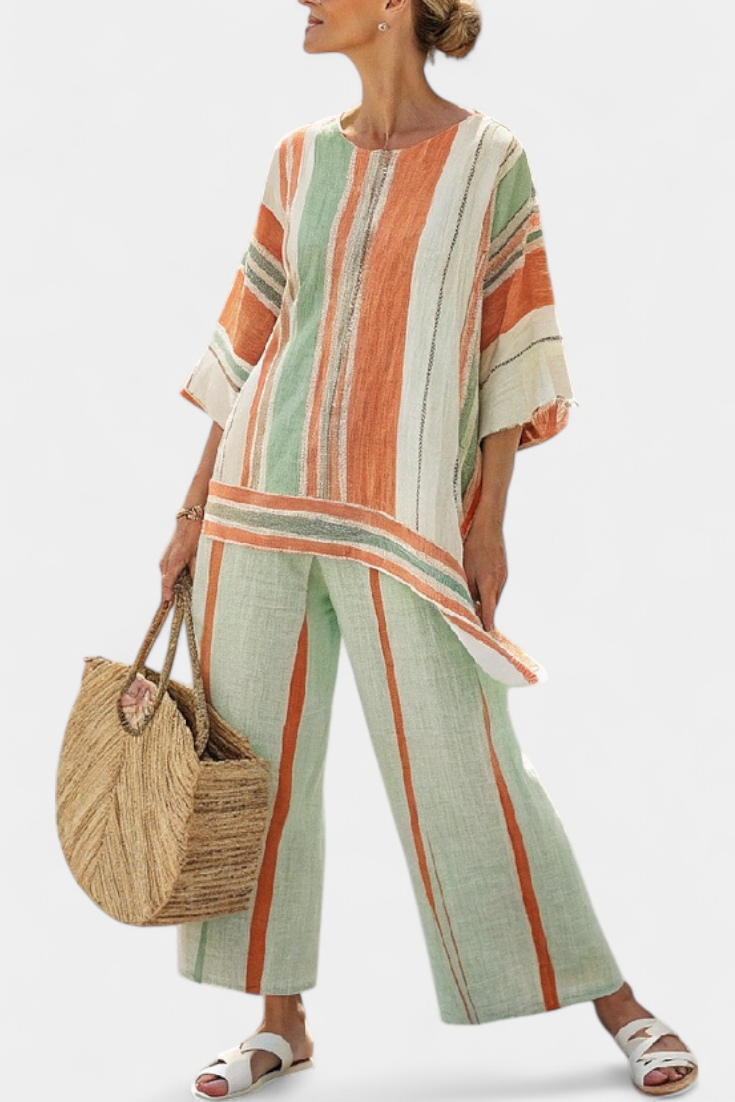 SOFIA - Completo a righe multicolori con top asimmetrico e pantaloni ampi