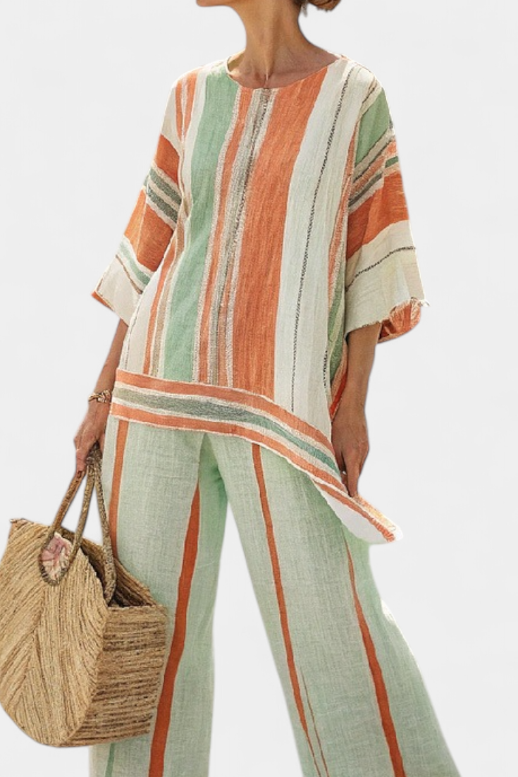 SOFIA - Completo a righe multicolori con top asimmetrico e pantaloni ampi