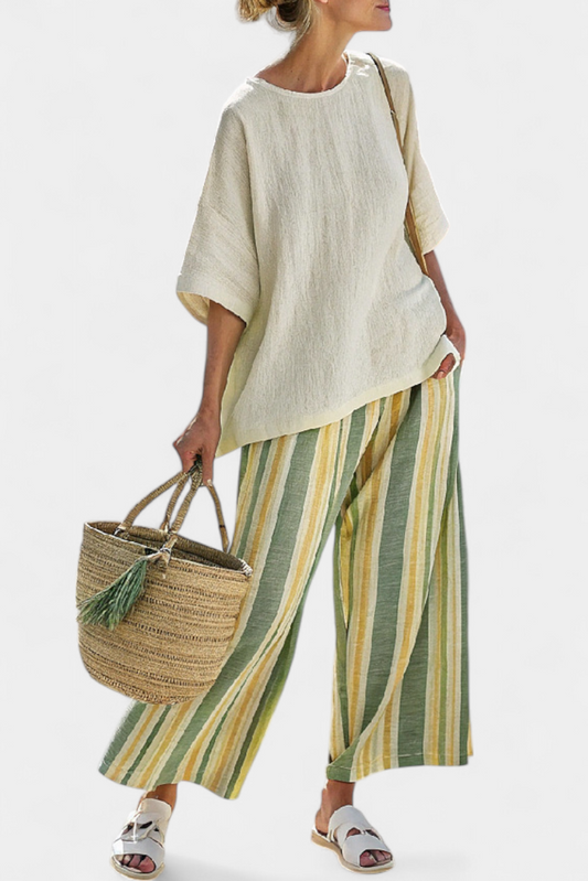 BEATRICE - Completo top e pantaloni in lino a righe multicolori