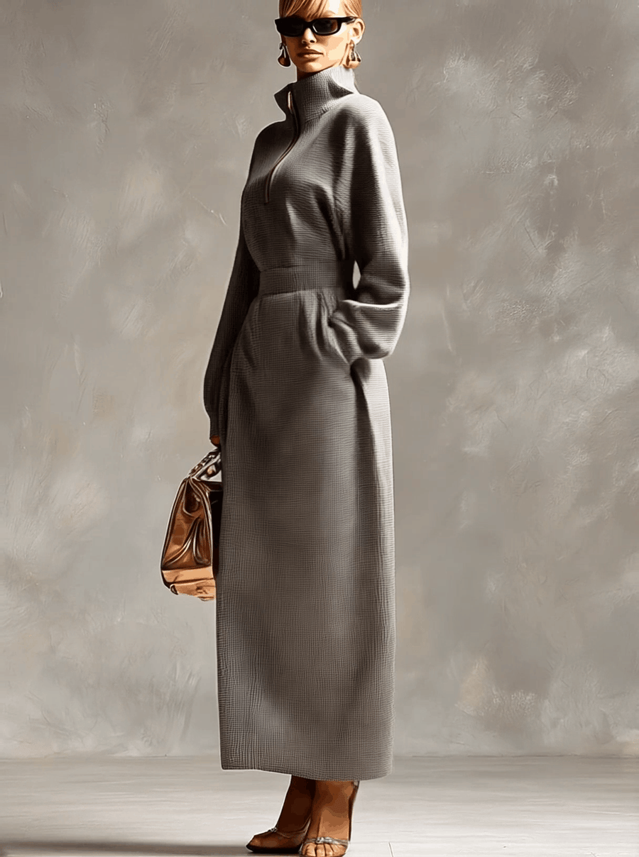 SAREZZANO - Abito maxi grigio con zip e colletto casual