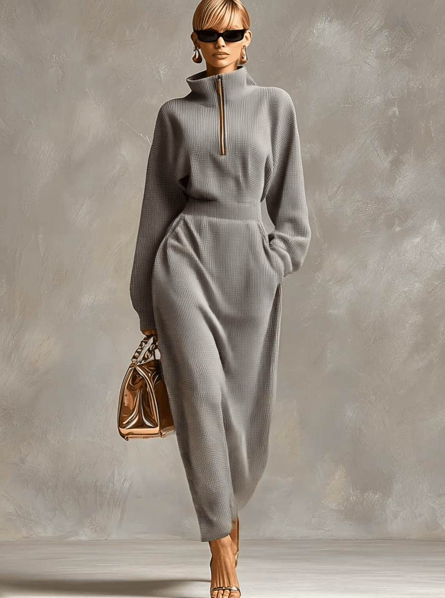SAREZZANO - Abito maxi grigio con zip e colletto casual
