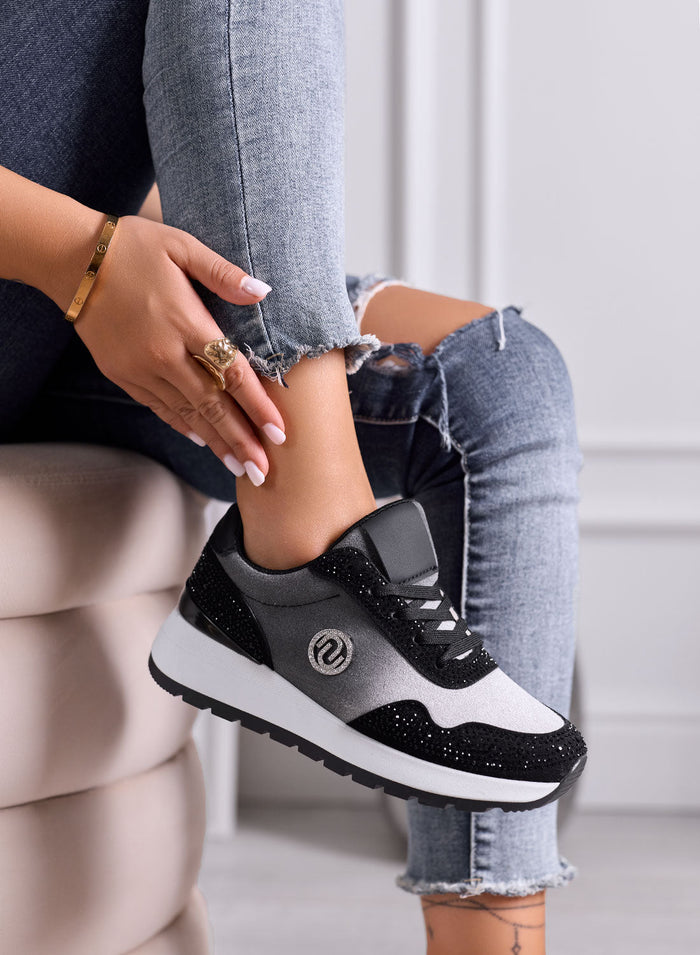 MARTINA - Sneakers platform nere e grigie con strass