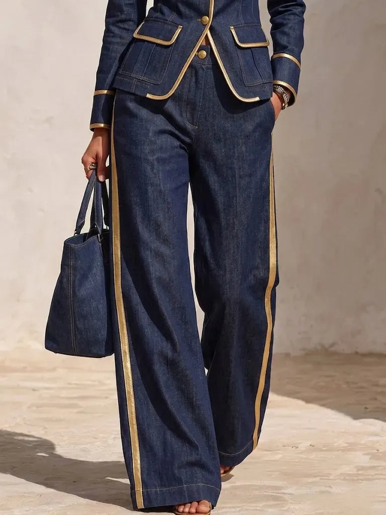ASIA - Jeans casual blu con profili dorati