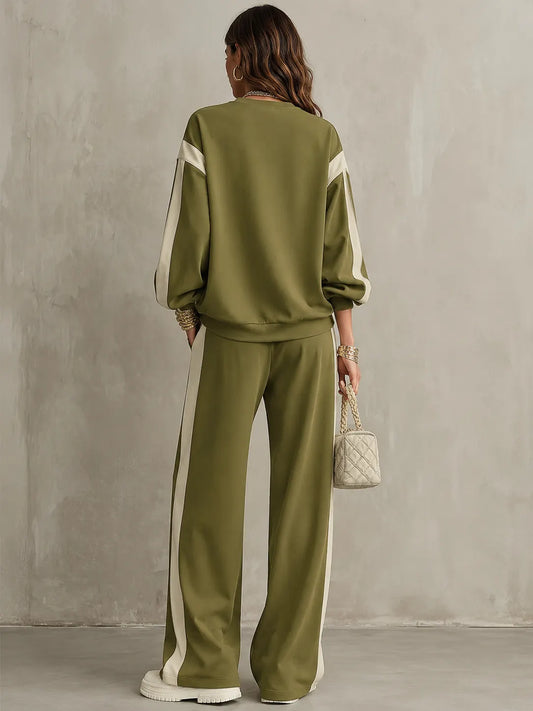 VAILATE - Completo casual oliva con felpa girocollo e pantaloni ampi