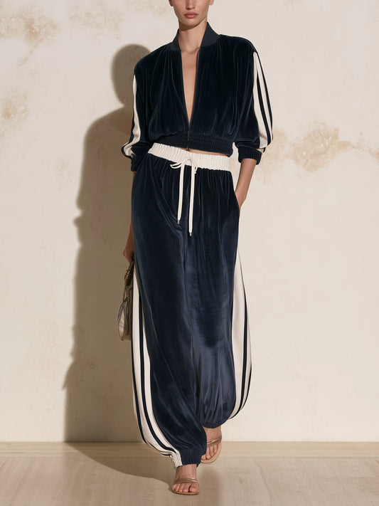 Velvet Track Set – Women’s Contrast Stripe Zip Jacket & Wide Leg Pants