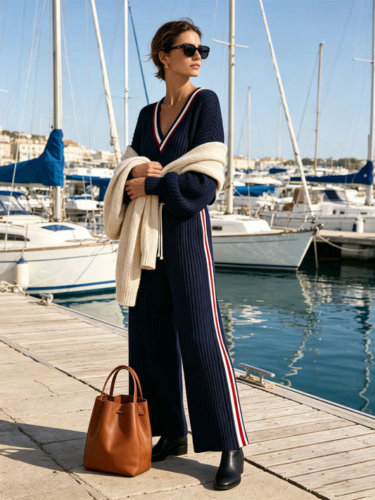 ARDESIO - Jumpsuit blu in maglia a coste con righe e gamba ampia