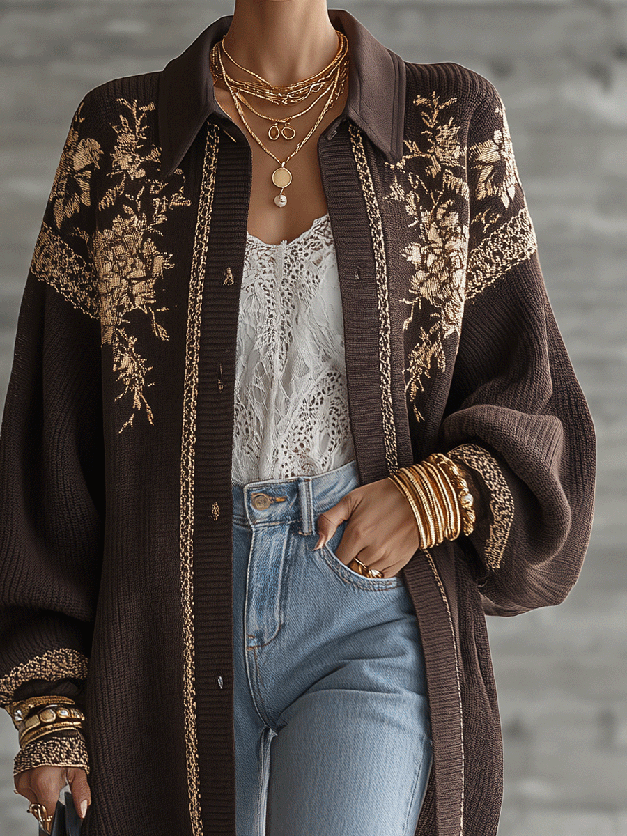 LANDIONA - Luxe Jacquard Knit Oversized-Fit Chocolate Brown Floral Cardigan
