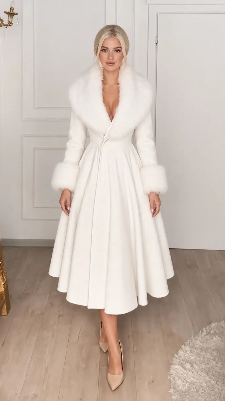 Cappotto midi in misto lana con collo in pelliccia sintetica bianco