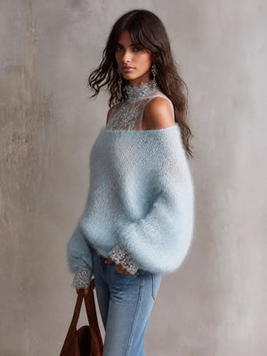 GROSOTTO - Maglia blu in mohair soffice con pizzo off-shoulder