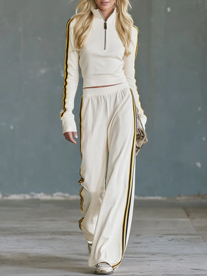 OLZAI - Completo beige in cotone color-block con collo alto