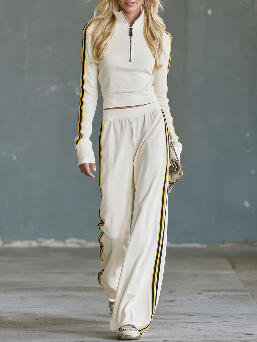 Casual Retro Color-blocked Woven Beige Stand-collar Cotton Top And Pants Set