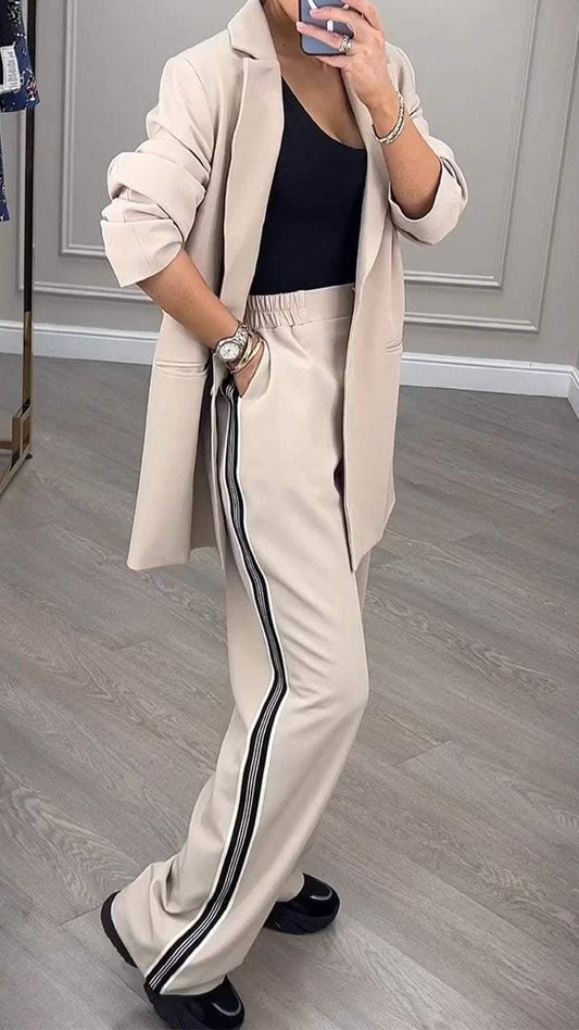 FICULLE - Completo Donna a Righe Casual Khaki e Marrone