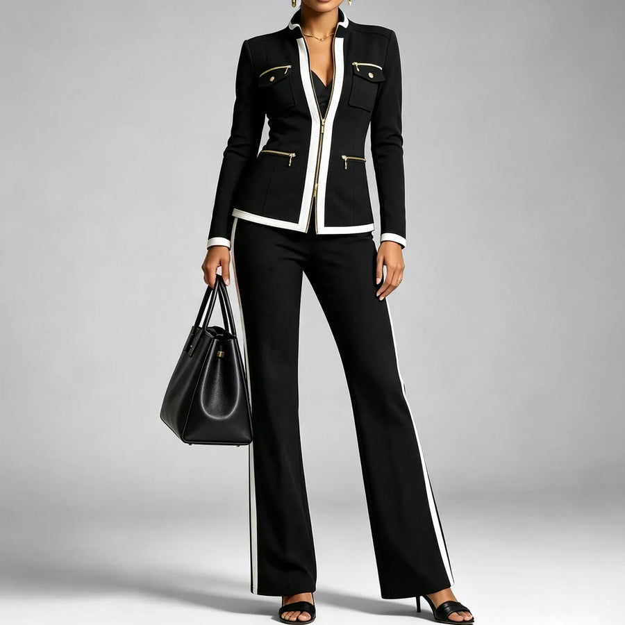 Women's Modern Contrast Trim Stand Collar Full Zip Long Sleeve Jacket & High Waist Straight Leg Pants 2Pcs Set