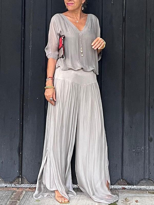 BEATRICE - Completo due pezzi in chiffon con pantaloni ampi