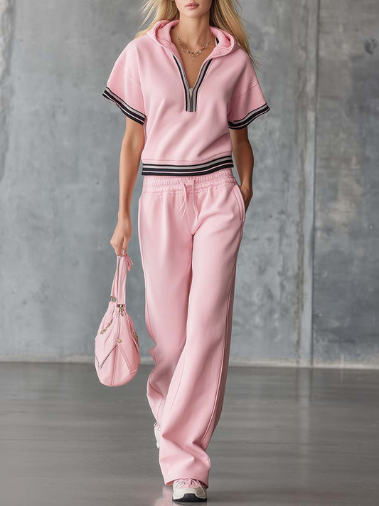 COTIGNOLA - Completo rosa in cotone con cappuccio e zip