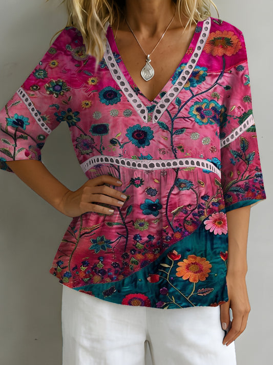 AULETTA - Top Floreale con Scollo a V