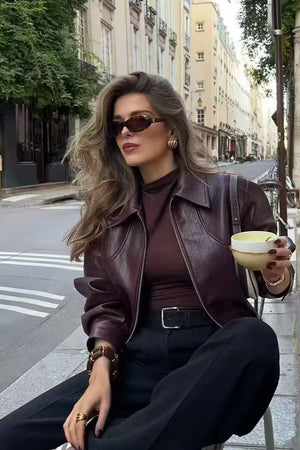 TICINETO - Giacca in pelle bordeaux con revers classico