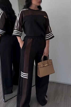 BIENTINA - Completo nero casual color block top e pantaloni palazzo