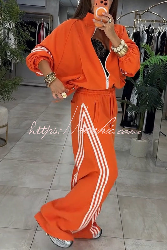Fashionable Sporty Stripes Long Sleeve Zipper Drawstring Jacket and Elastic Waist Pocket Pants Set