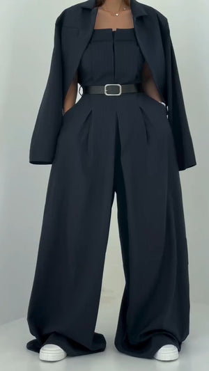 CLARISSA - Completo donna jumpsuit senza spalline con giacca