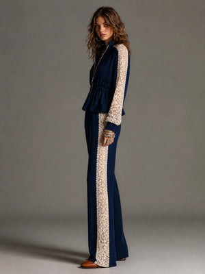 MELLO - Completo blu in maglia a coste, top zip e pantaloni ampi