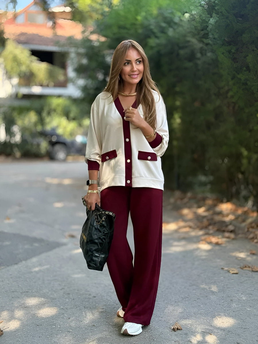 MOMBALDONE - Set due pezzi cardigan e pantaloni marroni, bordeaux e rossi