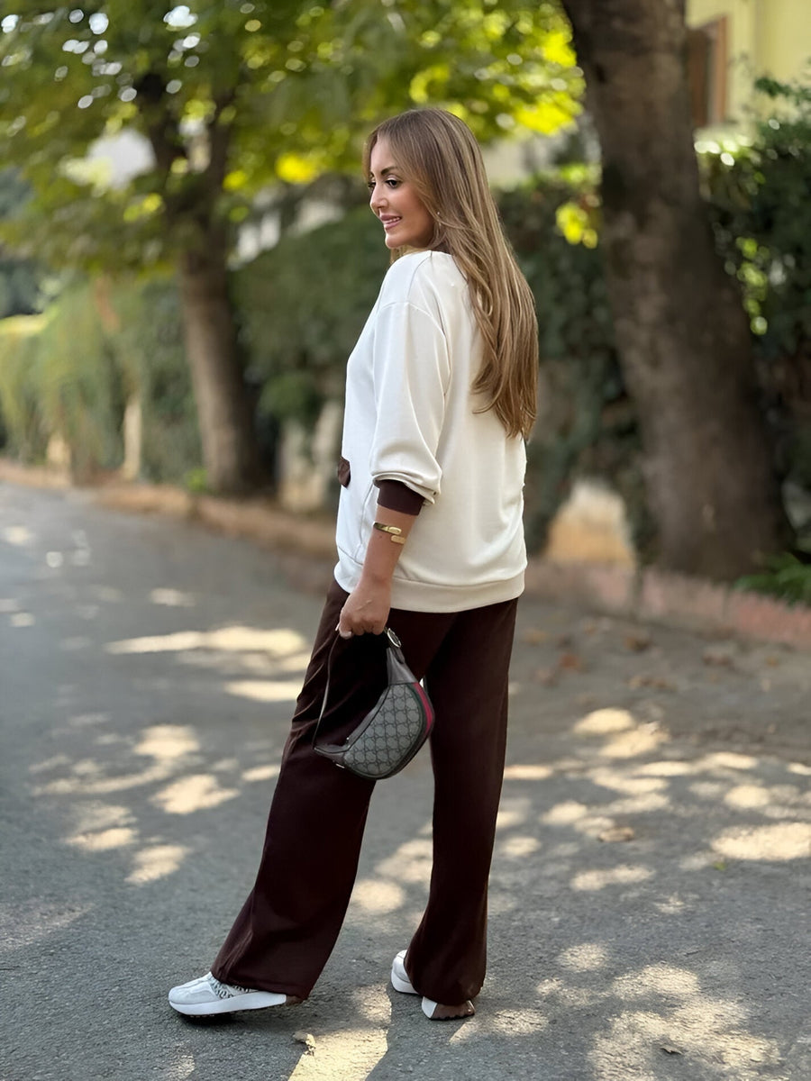 MOMBALDONE - Set due pezzi cardigan e pantaloni marroni, bordeaux e rossi