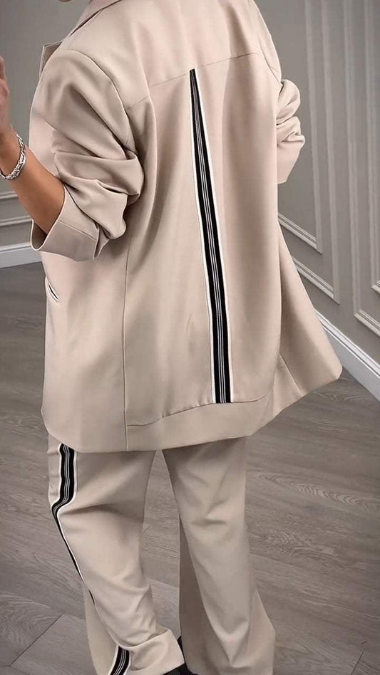 FICULLE - Completo Donna a Righe Casual Khaki e Marrone