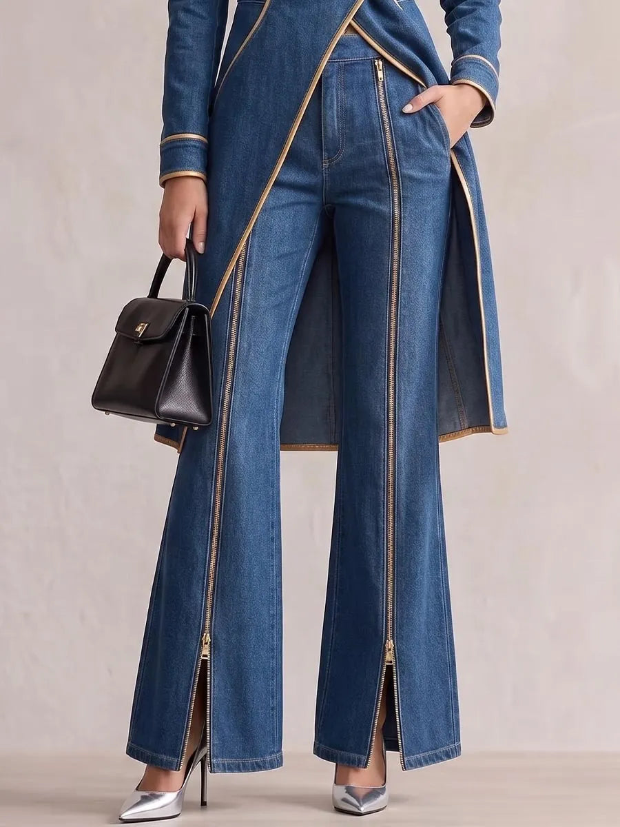COLLEGIOVE - Jeans blu a vita alta, gamba ampia e zip bidirezionale