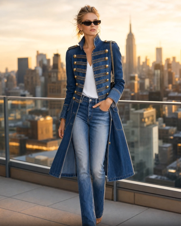 ORTELLE - Cappotto lungo in denim stile militare