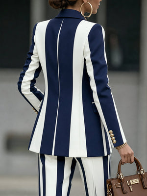 CALCIANO - Blazer blu navy a righe con bottoni e collo a revers