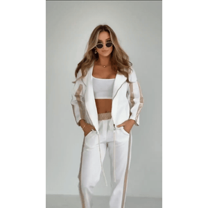 ANDALO - Tuta donna bianca o marrone con cappuccio rigato e coulisse