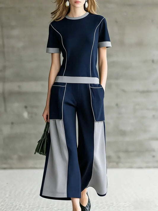 GENOVEFFA - Completo donna color block con pantaloni palazzo a nove sezioni