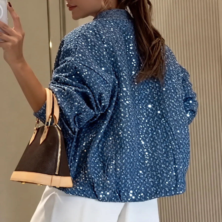 SORI - Giacca in denim blu con paillettes e zip frontale