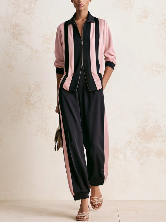 Women's Pink & Black Color Block Jumpsuit – Zip Front Long Sleeve Wide Leg Cargo Style One Piece Outfit