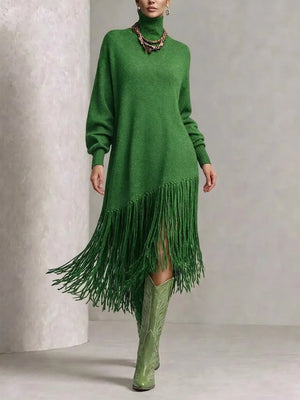VITTUONE - Abito midi oversize in maglia con frange diagonali e collo alto