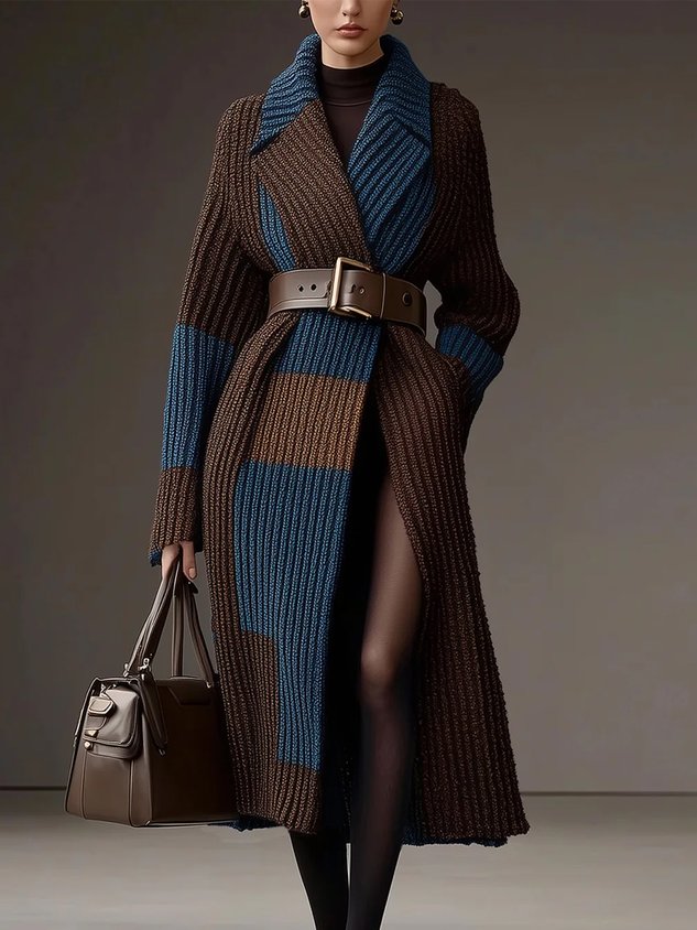 ORERO - Cardigan color block con revers e cintura