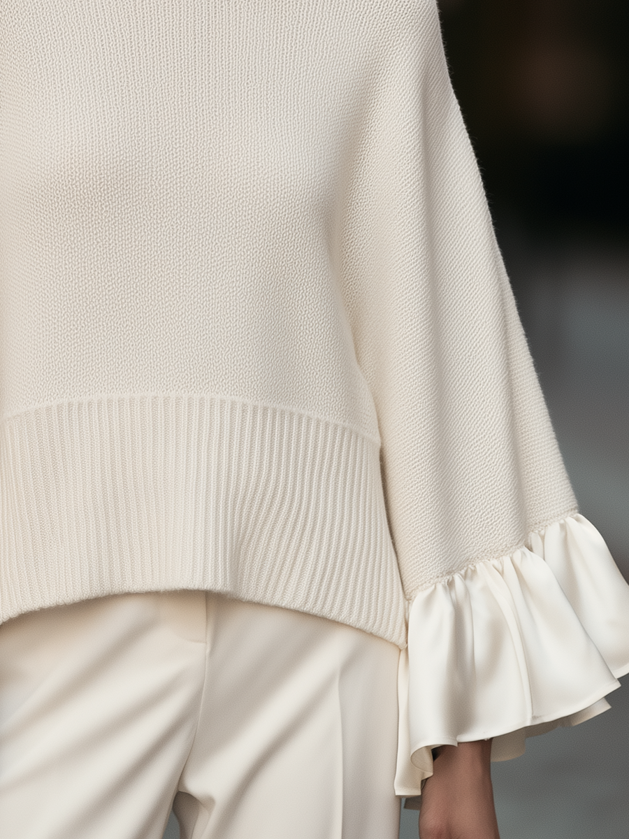 GROSIO - Maglia oversize avorio con collo alto e polsini a volant in raso