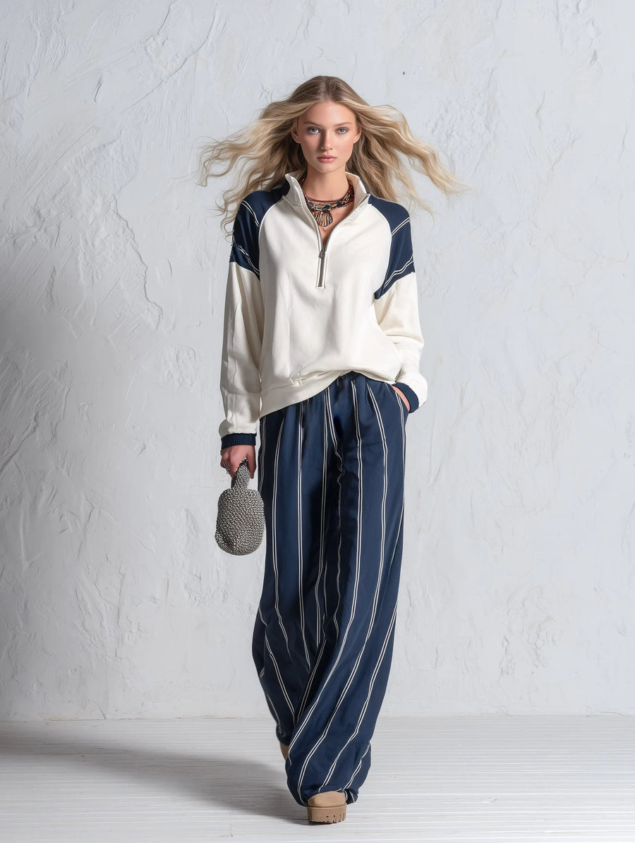 Set due pezzi con felpa raglan e pantaloni a righe