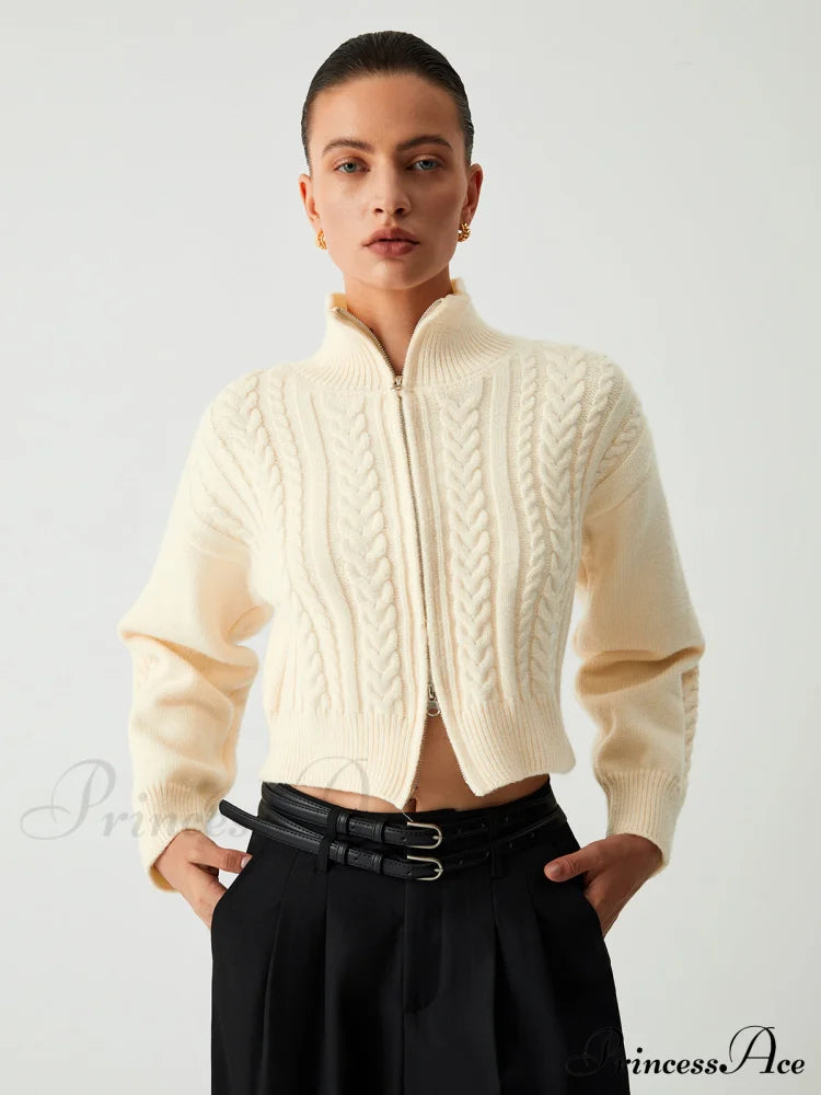 MARANELLO - Cable Knit Two Trendy Way Zip Crop Cardigan