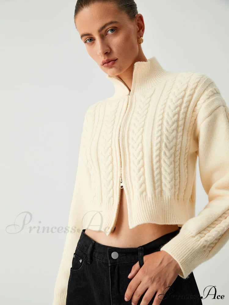 MARANELLO - Cable Knit Two Trendy Way Zip Crop Cardigan